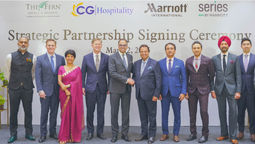 Let’s shake on it: Rajeev Menon, president, APEC - Marriott International and Dr. Binod Chaudhary, chairman of CG Corp Global, are joined by executives from Marriott, CG Corp  Global and Concept Hospitality at the partnership signing ceremony.