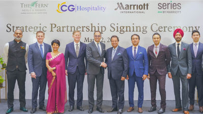 Let’s shake on it: Rajeev Menon, president, APEC - Marriott International and Dr. Binod Chaudhary, chairman of CG Corp Global, are joined by executives from Marriott, CG Corp  Global and Concept Hospitality at the partnership signing ceremony.